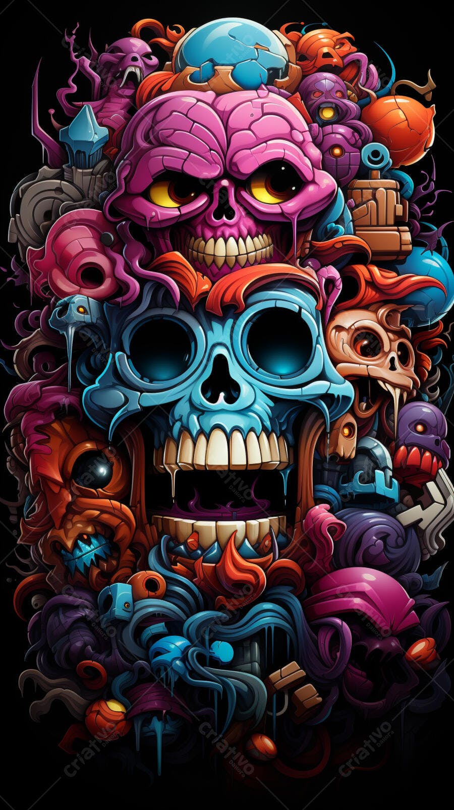 Crânio azul e rosa com detalhes em arte digital