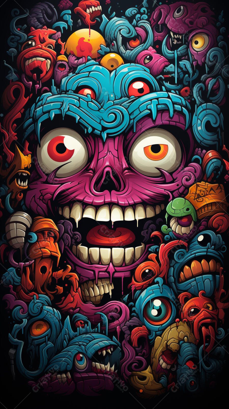 Ilustração de Caveira com Monstros Coloridos