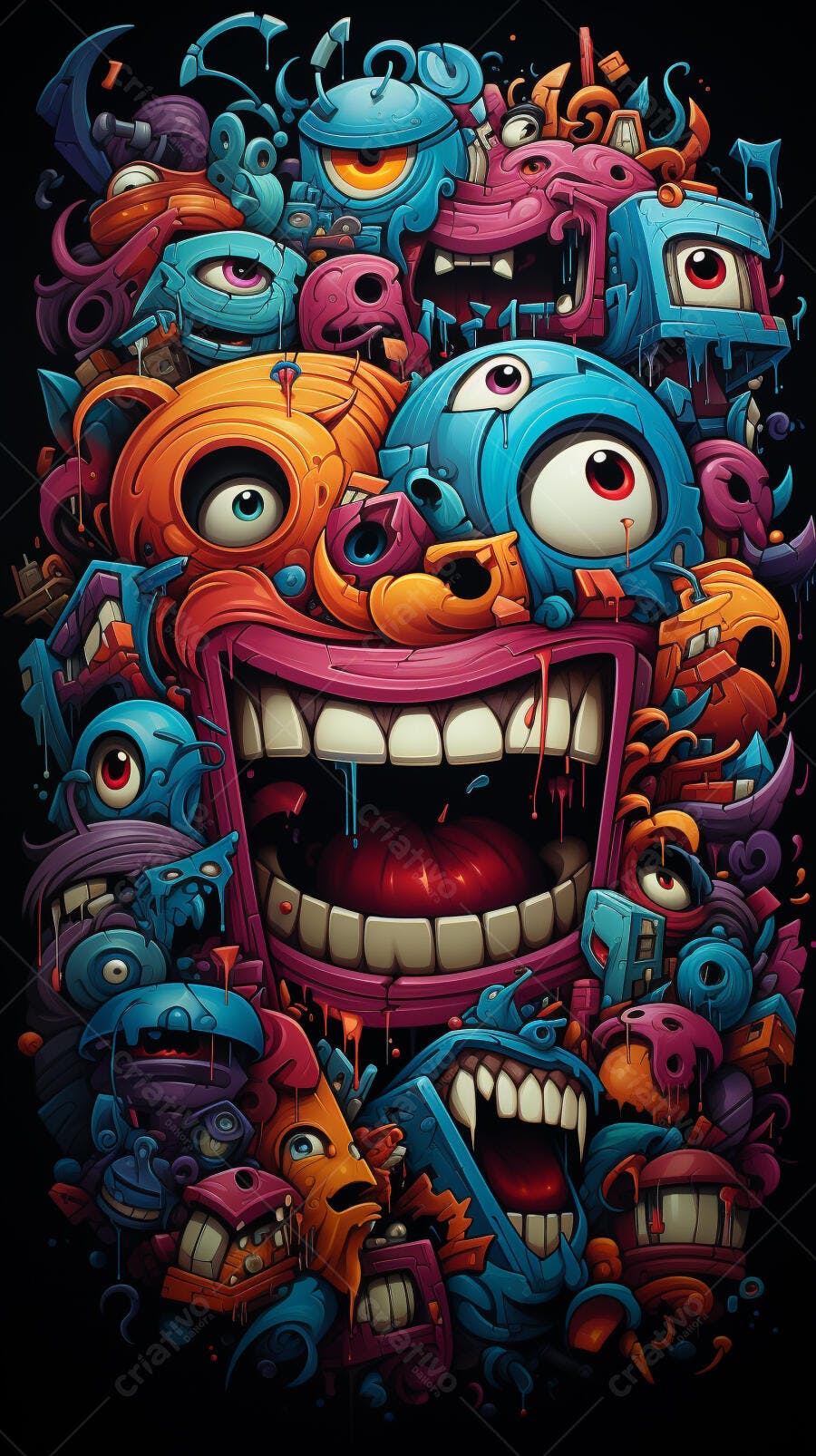 Monstros coloridos em arte digital vibrante