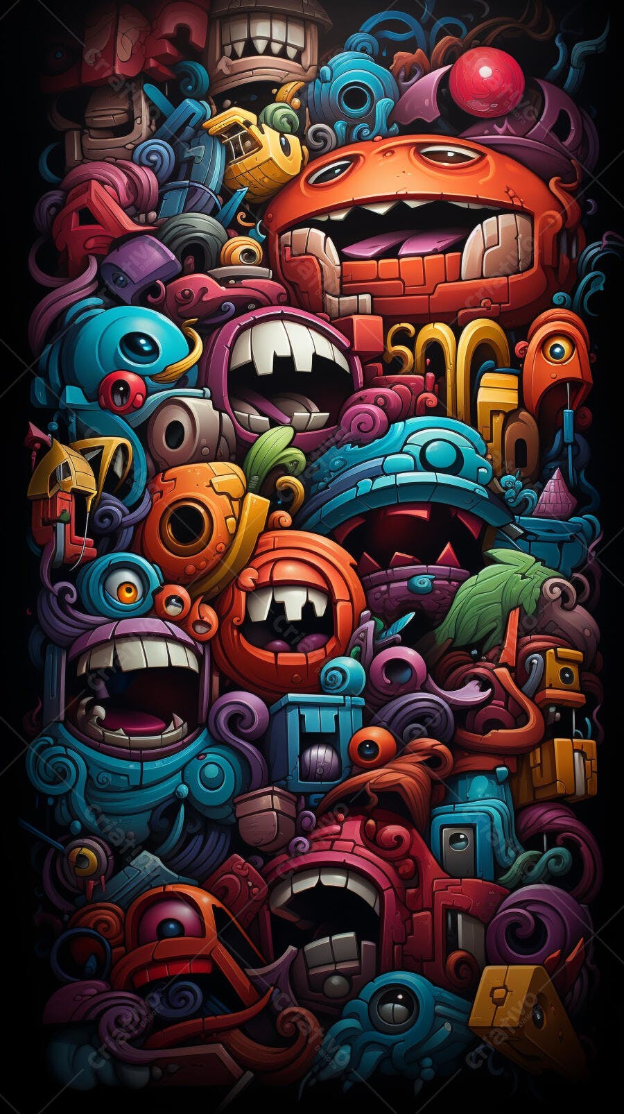 Monstros coloridos em arte digital vibrante