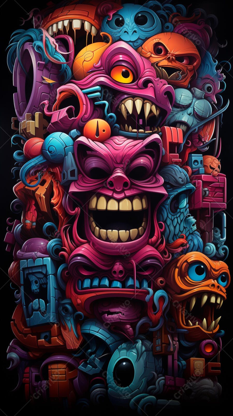 Monstros coloridos em arte digital abstrata