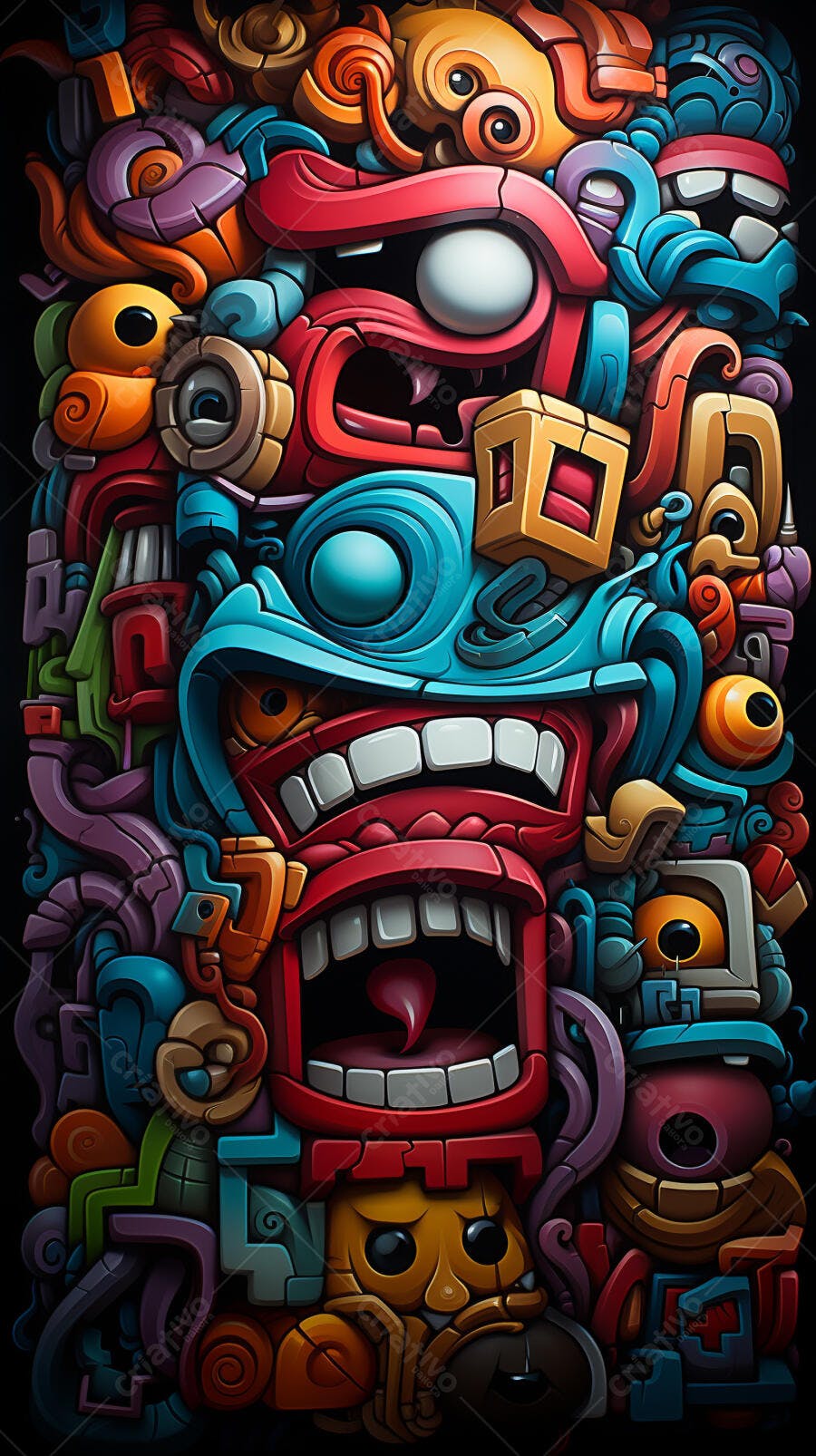 Arte abstrata colorida com máscaras e formas geométricas