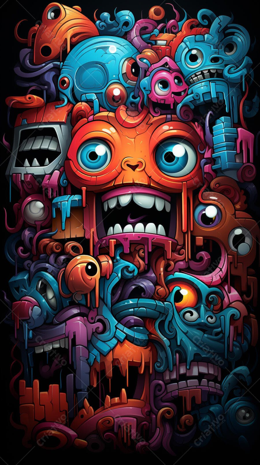 Monstros coloridos em arte digital abstrata
