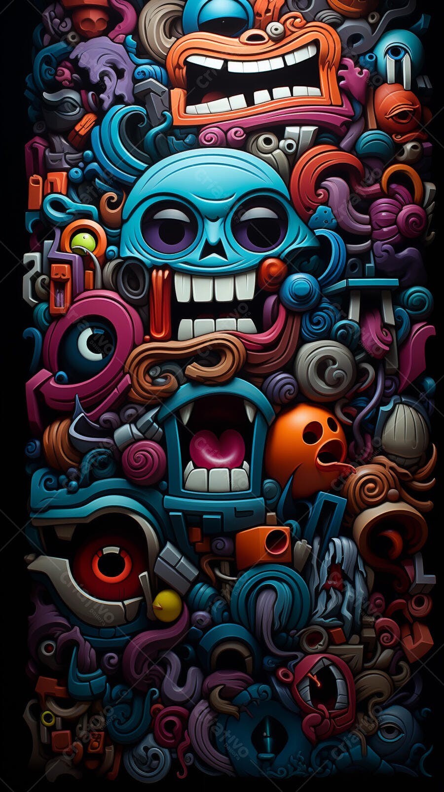 Arte abstrata colorida com caveiras e formas geométricas
