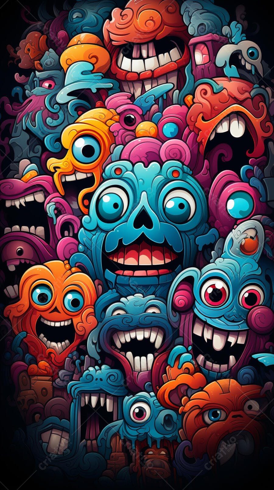 Monstros coloridos estilo doodle fundo escuro