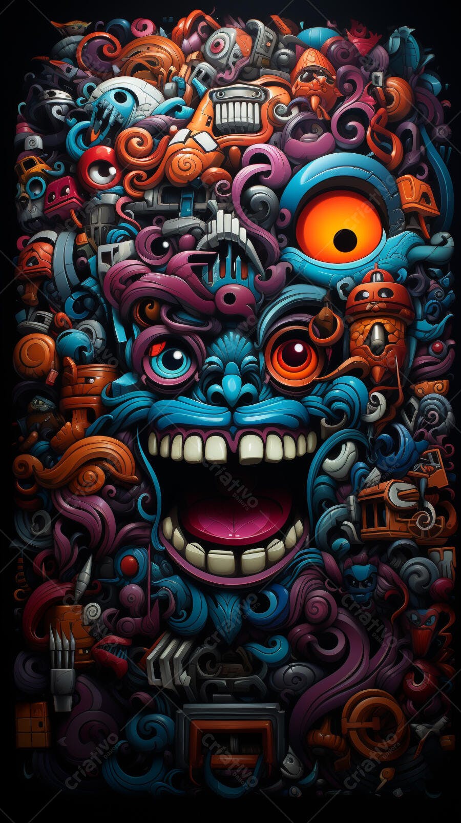 Máscara Abstrata com Robôs e Ornamentos