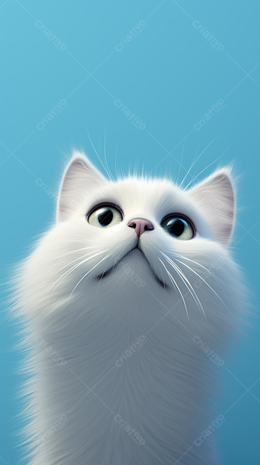 Gato branco fofo olhando para cima fundo azul