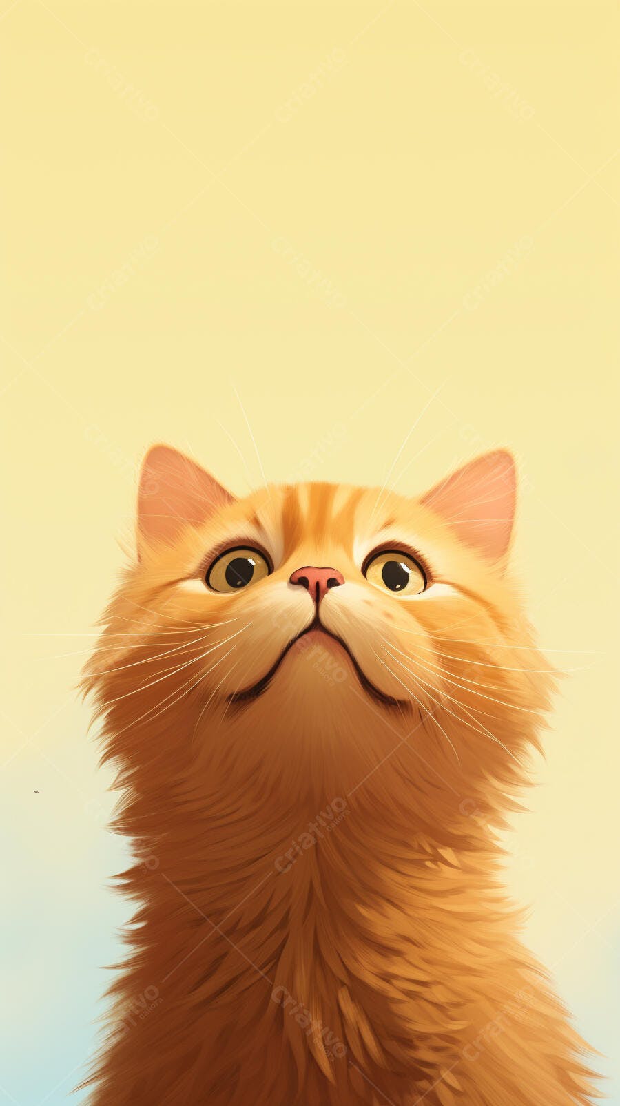 Gato ruivo olhando para cima fundo amarelo