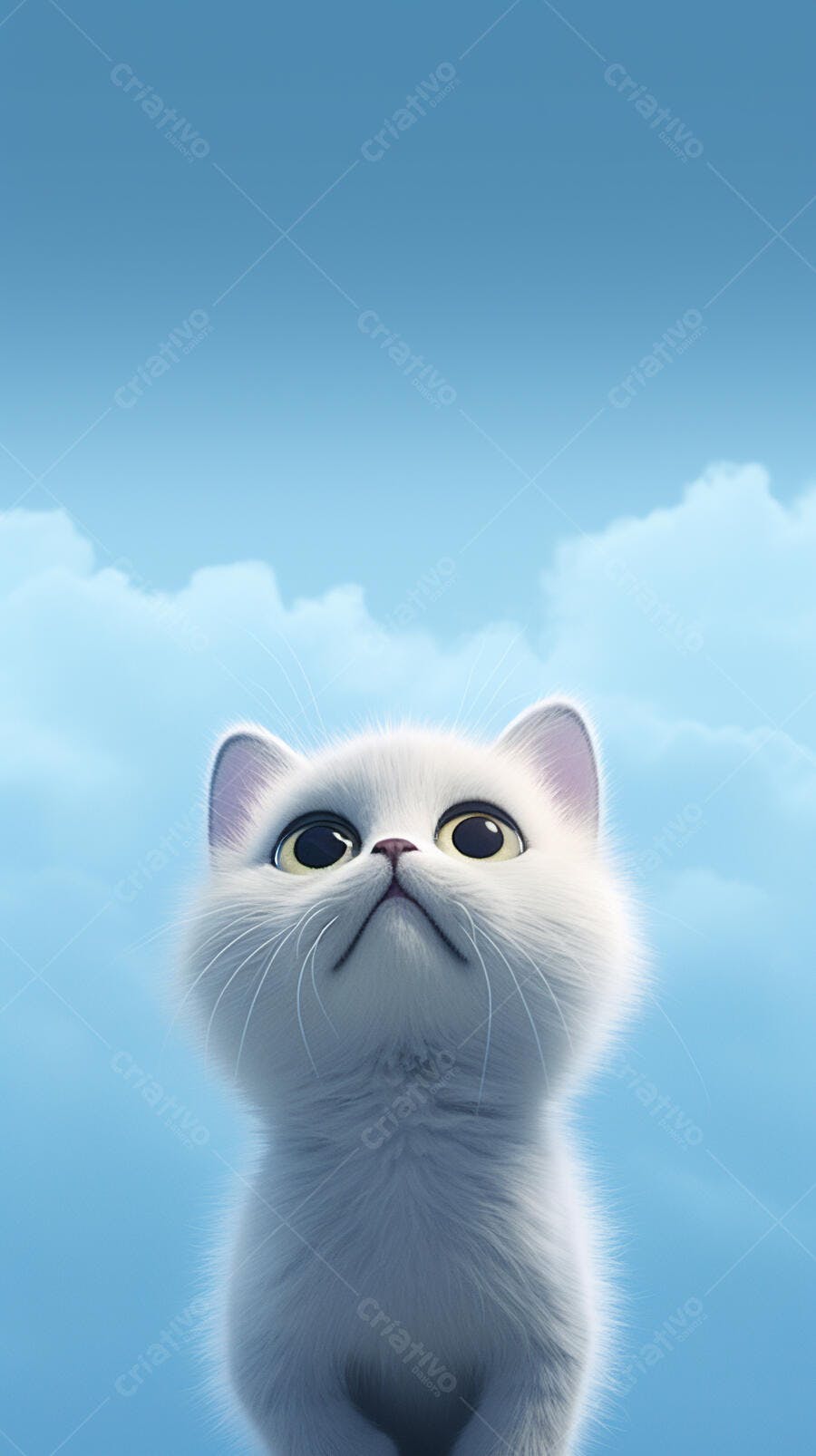 Gatinho branco olhando para o céu azul