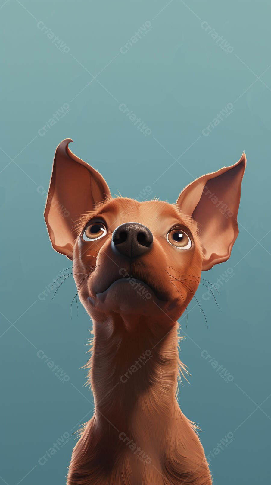 Cachorro marrom olhando para cima fundo azul