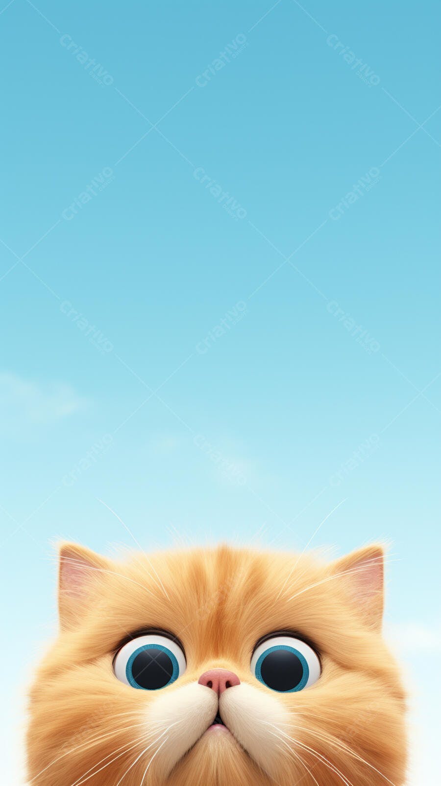 Gato laranja com olhos azuis contra fundo azul claro