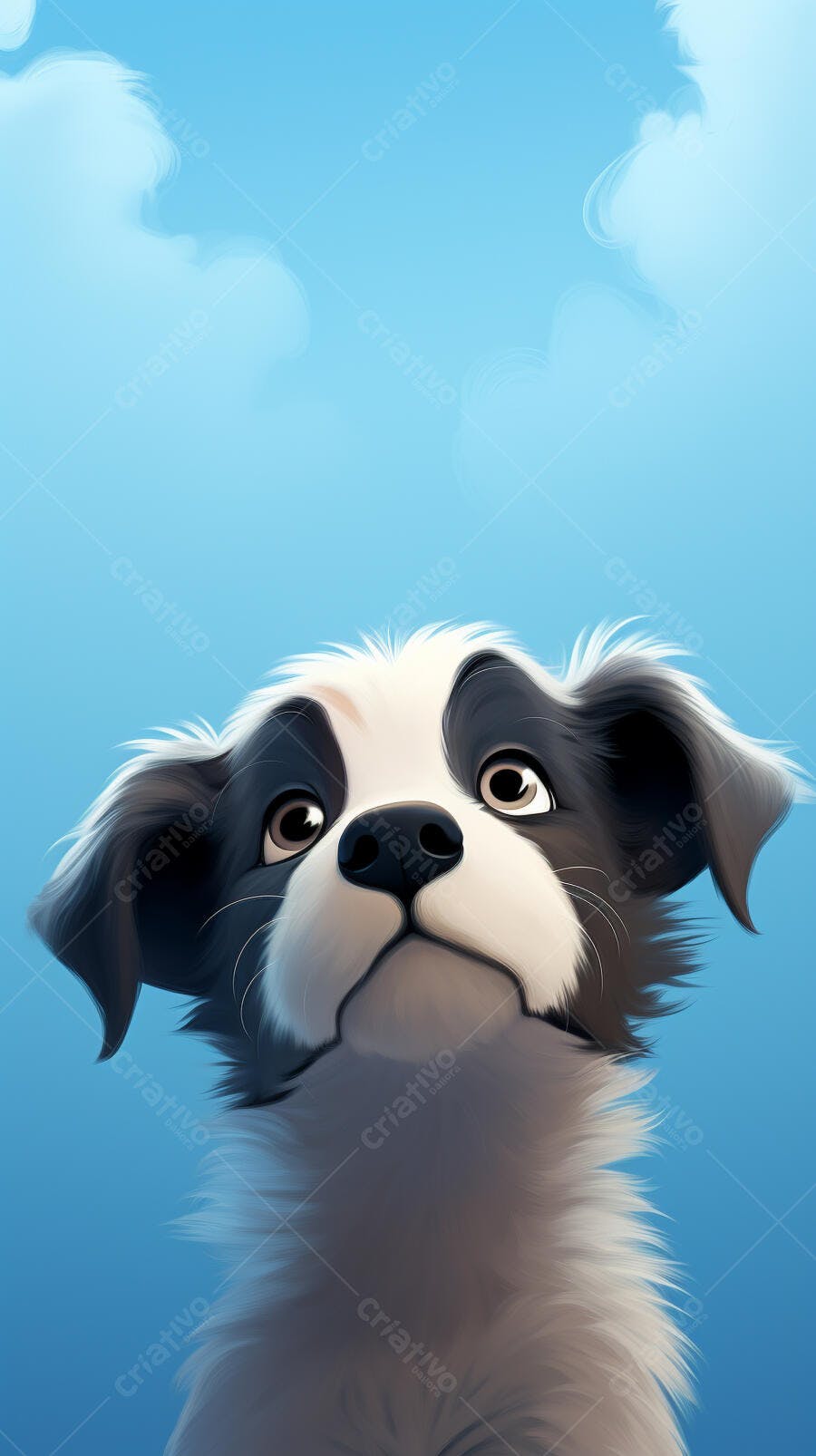 Cachorro olhando para cima céu azul