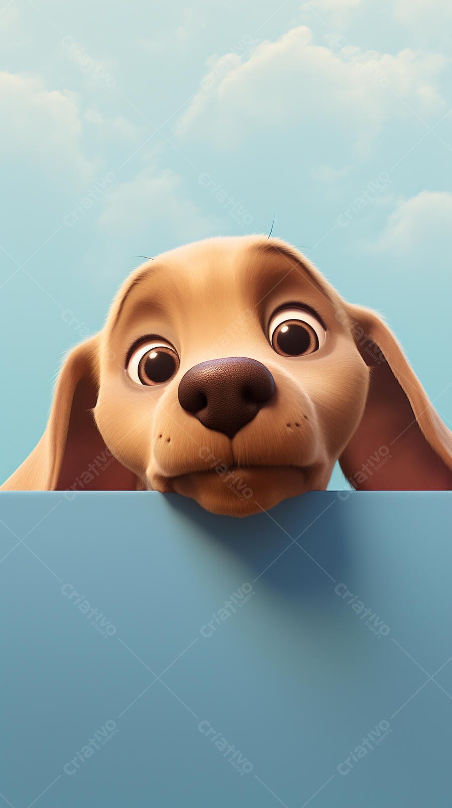Cachorro fofo olhando por cima de um muro azul