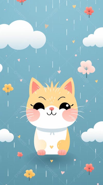 Wallpaper de Gato  e Cachorro Fofo com Arco-Íris e Corações - Ilustração Kawaii