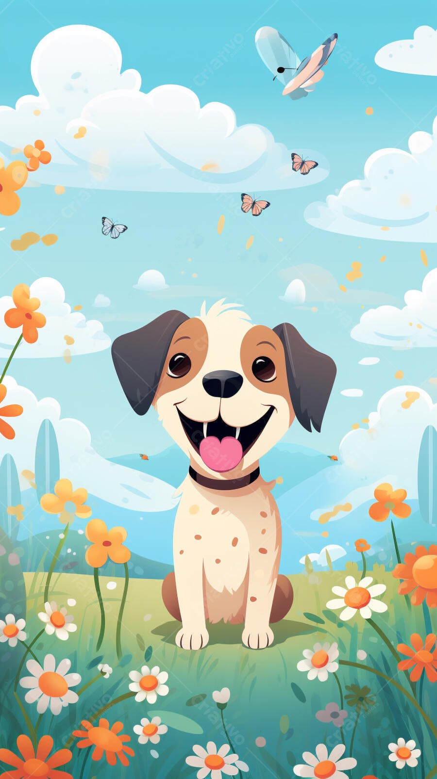 Cachorro feliz em campo florido