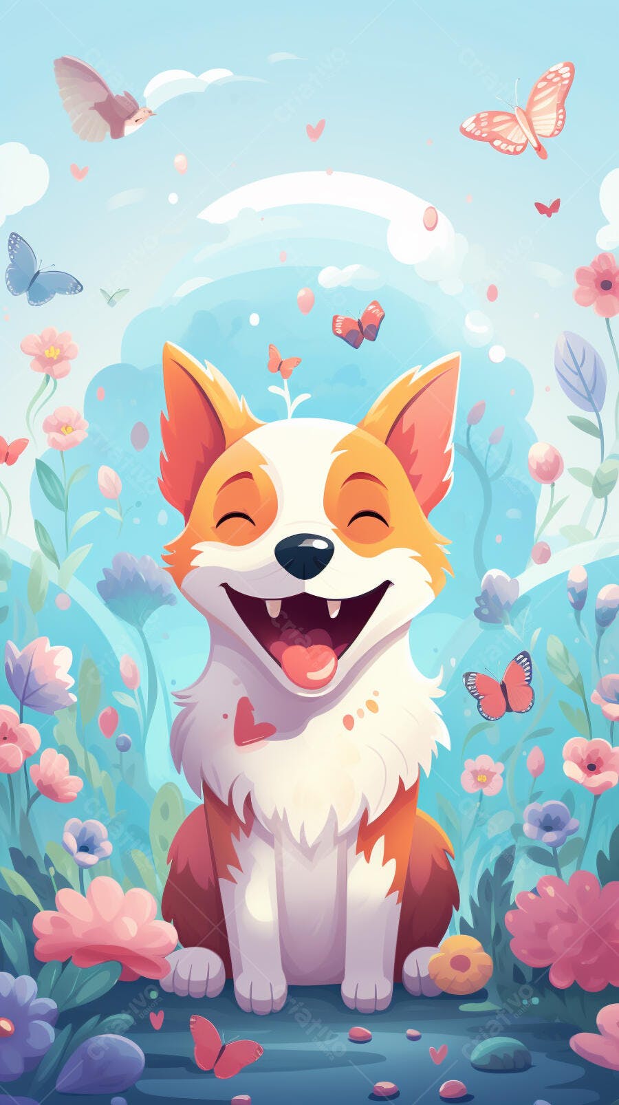 Corgi Feliz em Jardim Florido