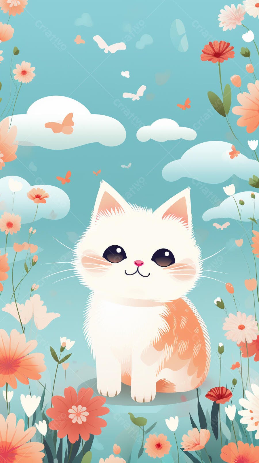 Gatinho branco e laranja em jardim florido