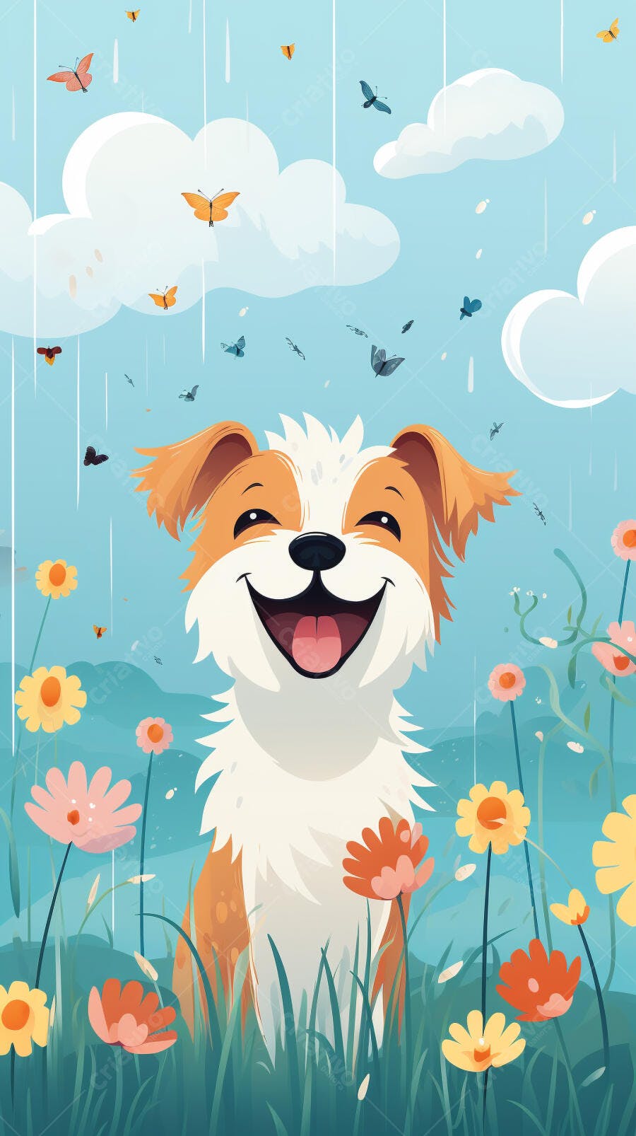 Cachorro feliz em dia chuvoso com flores
