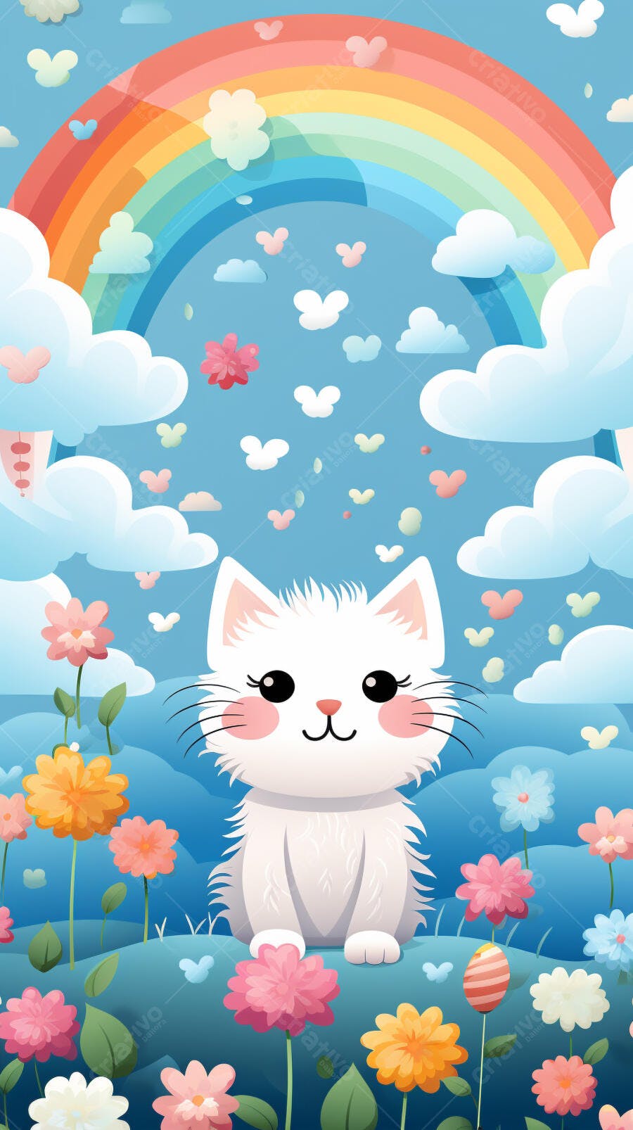 Gatinho branco em jardim florido com arco-íris