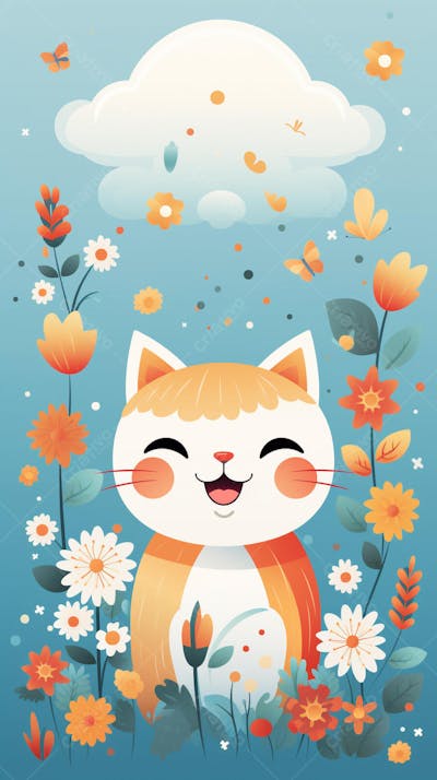 Wallpaper de Gato  e Cachorro Fofo com Arco-Íris e Corações - Ilustração Kawaii