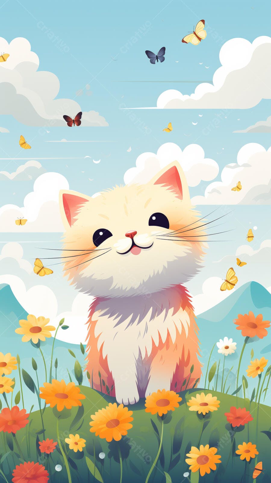 Gatinho fofo em campo florido com borboletas