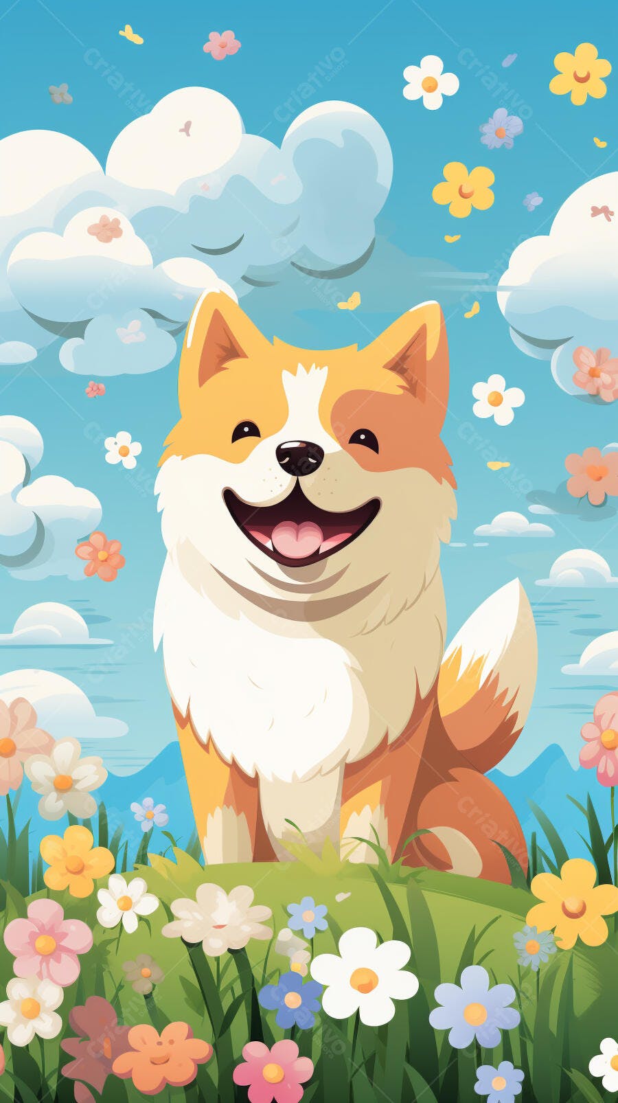 Cachorro feliz em campo florido
