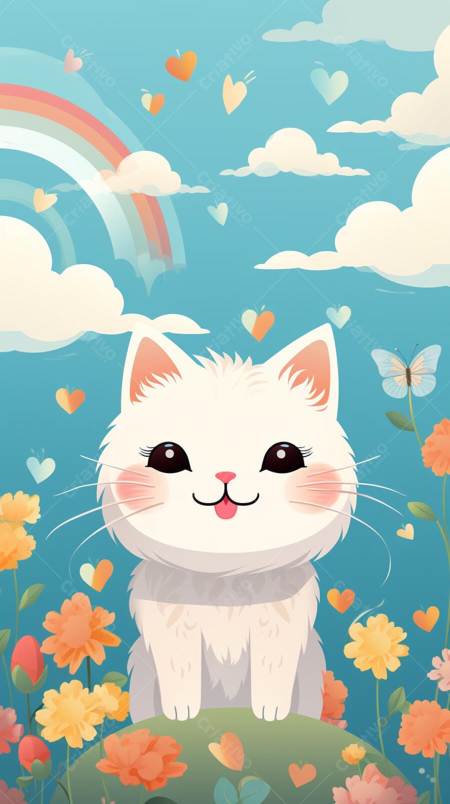 Gatinho branco em jardim florido com arco-íris