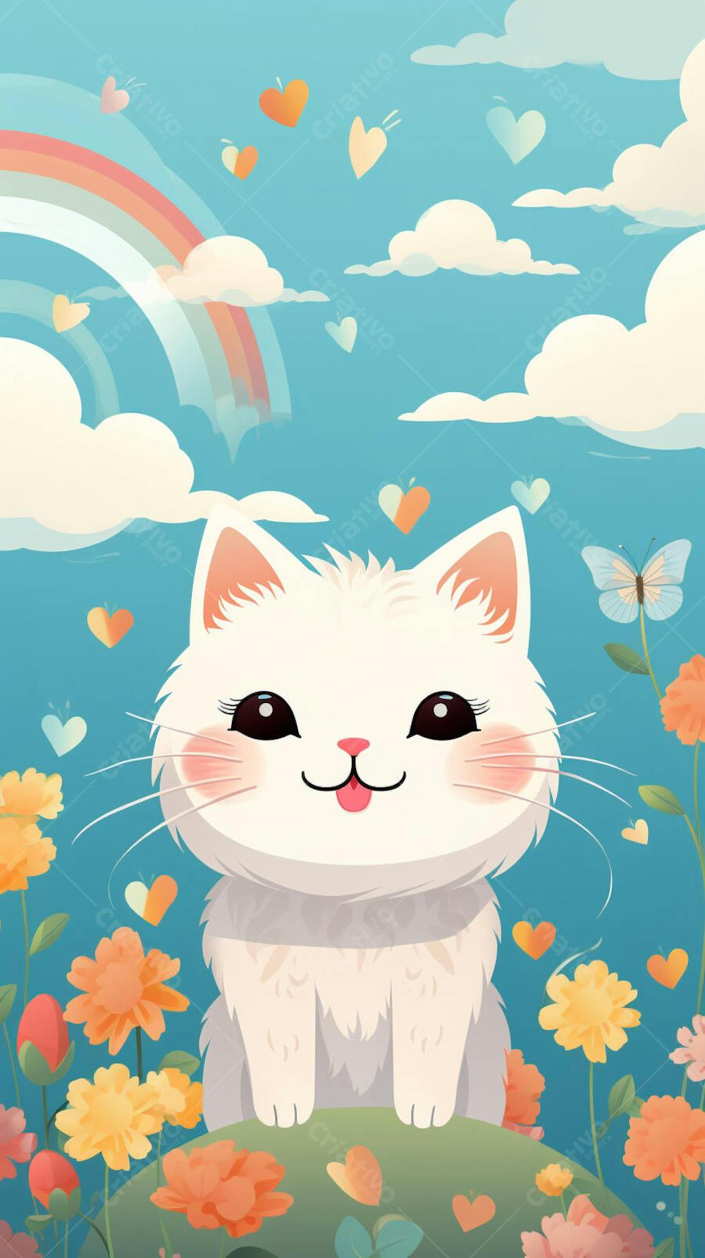 Wallpaper de Gato  e Cachorro Fofo com Arco-Íris e Corações - Ilustração Kawaii