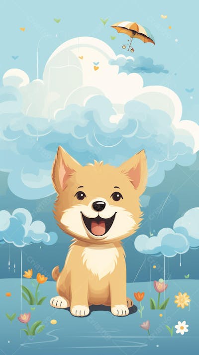 Wallpaper de Gato  e Cachorro Fofo com Arco-Íris e Corações - Ilustração Kawaii