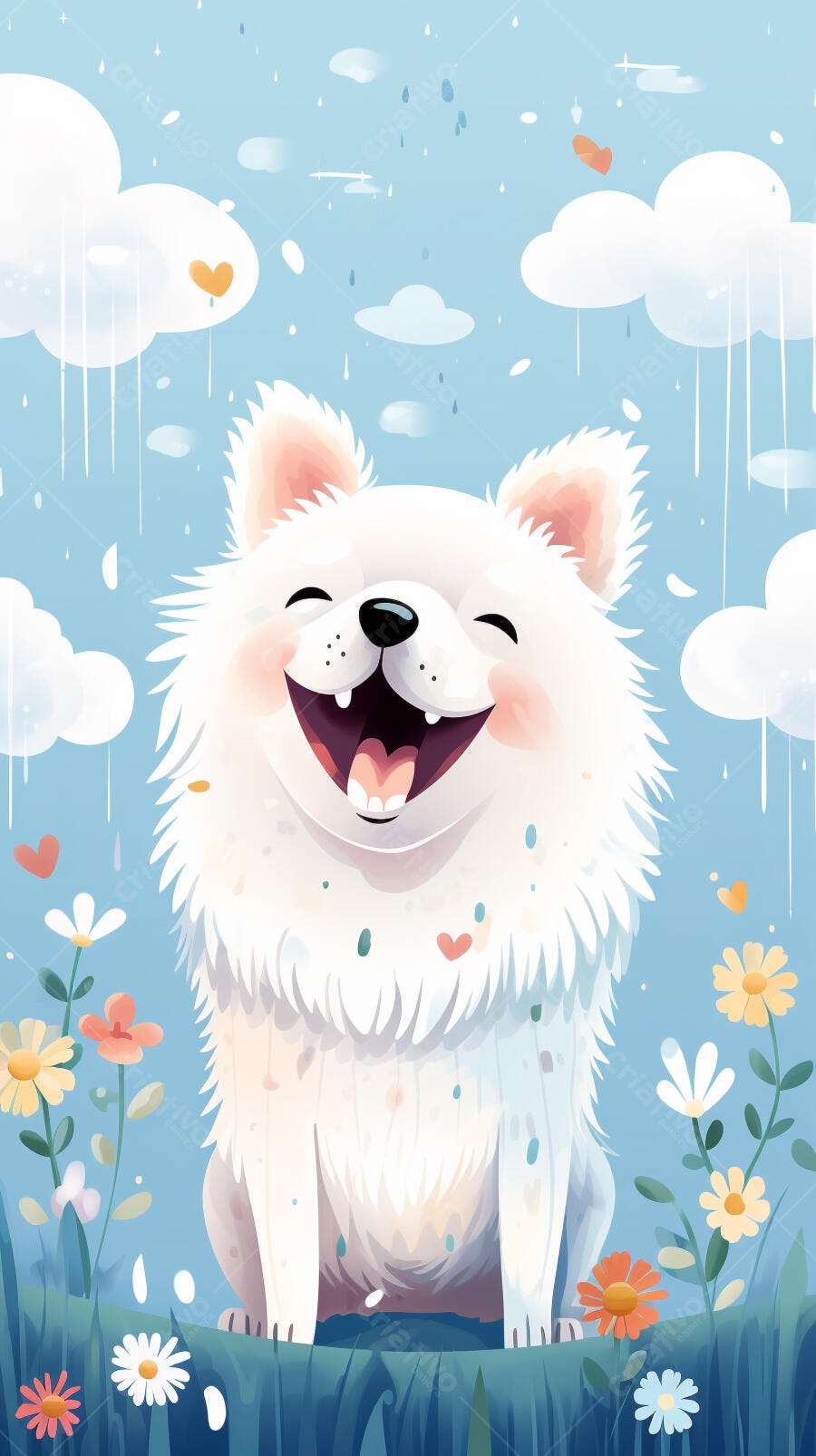 Cachorro branco feliz sob chuva leve