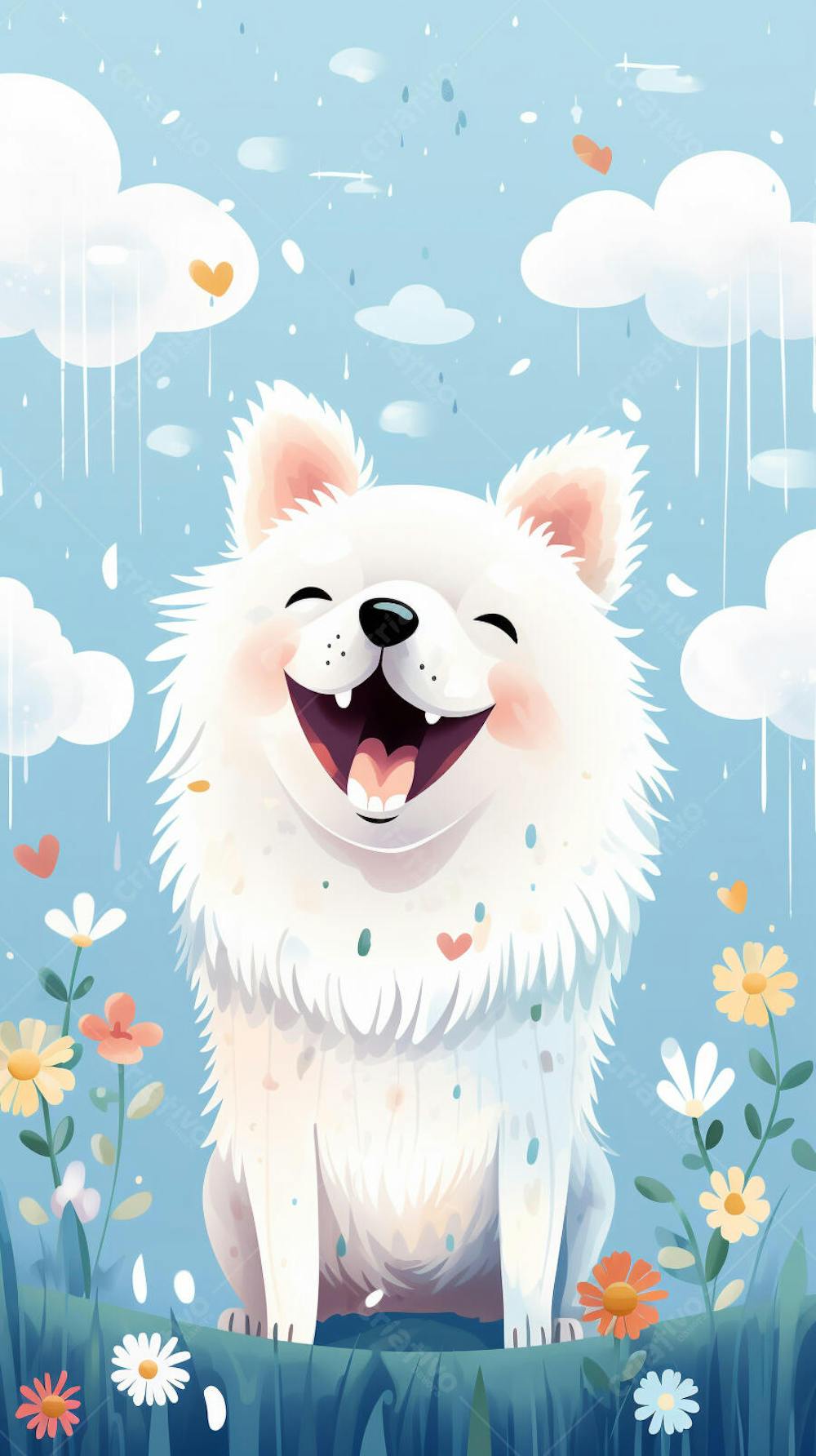 Wallpaper de Gato  e Cachorro Fofo com Arco-Íris e Corações - Ilustração Kawaii