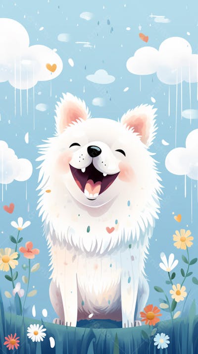 Wallpaper de Gato  e Cachorro Fofo com Arco-Íris e Corações - Ilustração Kawaii