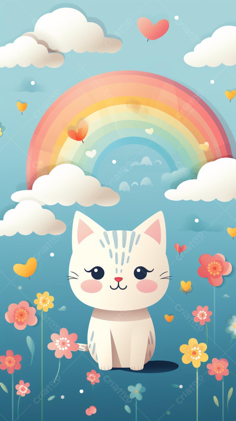 Gatinho branco em jardim com arco-íris