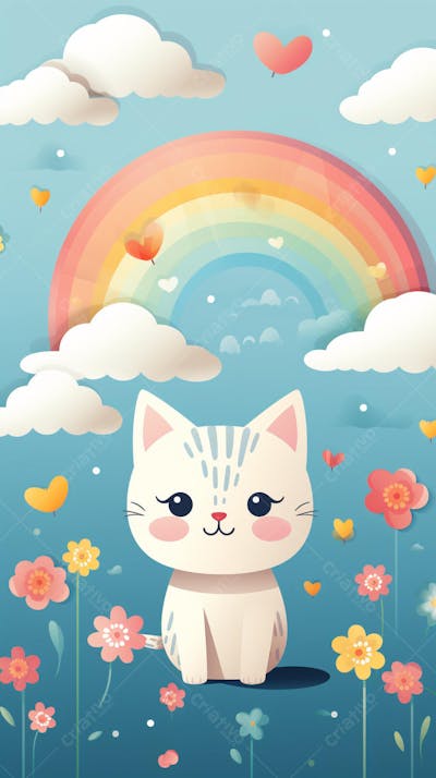 Wallpaper de Gato  e Cachorro Fofo com Arco-Íris e Corações - Ilustração Kawaii