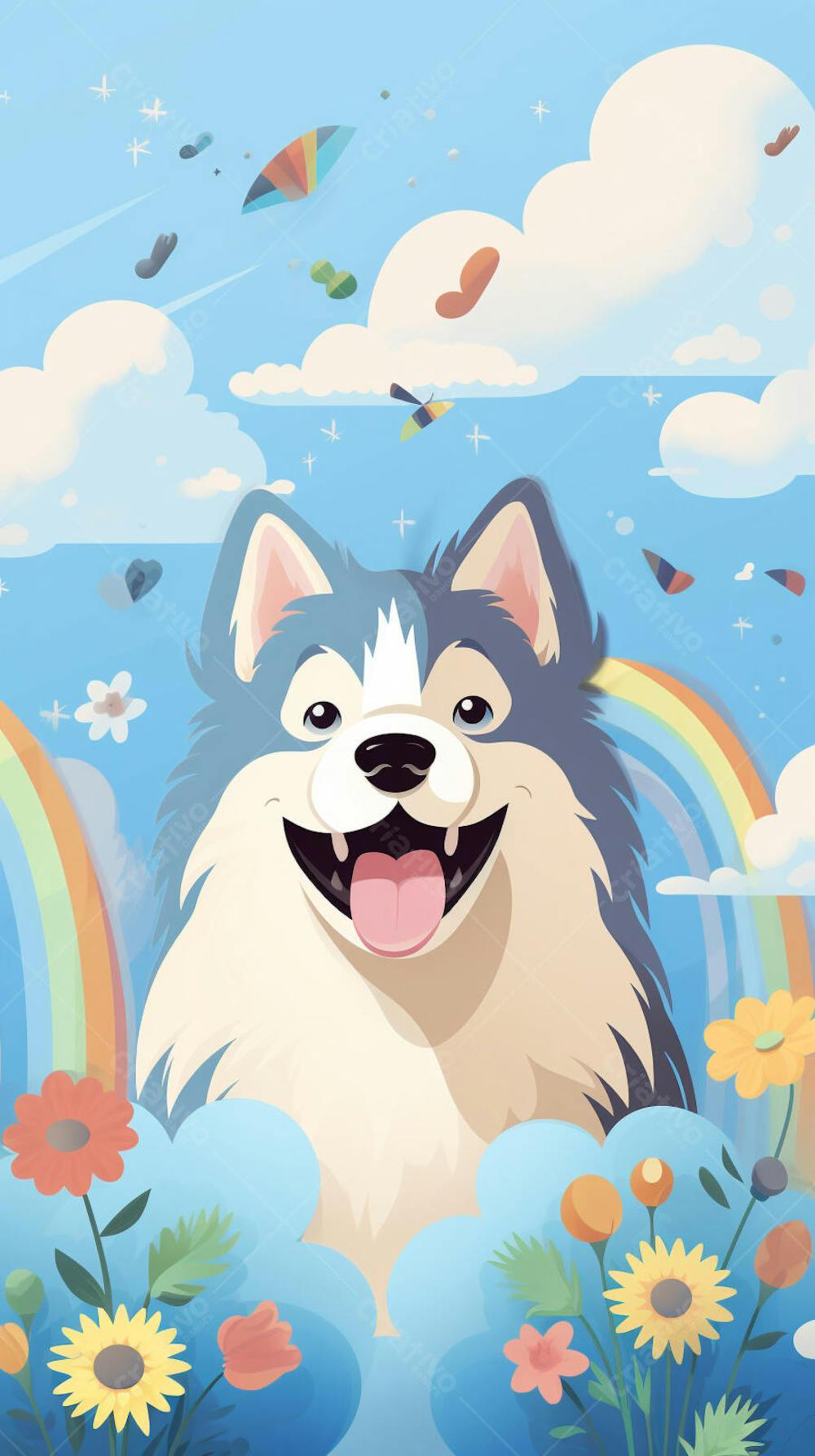 Wallpaper de Gato  e Cachorro Fofo com Arco-Íris e Corações - Ilustração Kawaii