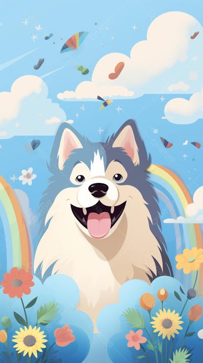 Wallpaper de Gato  e Cachorro Fofo com Arco-Íris e Corações - Ilustração Kawaii