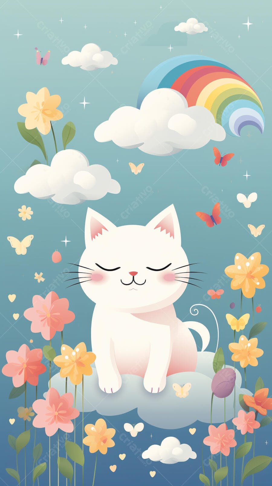 Gato branco em jardim florido com arco-íris