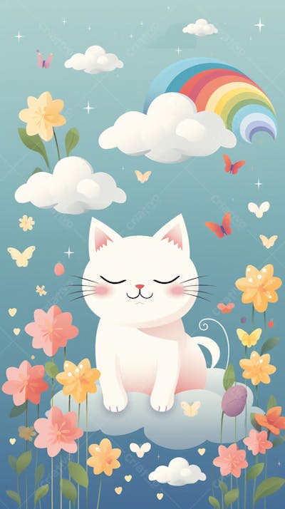 Wallpaper de Gato  e Cachorro Fofo com Arco-Íris e Corações - Ilustração Kawaii