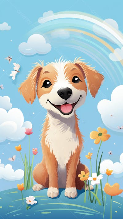 Wallpaper de Gato  e Cachorro Fofo com Arco-Íris e Corações - Ilustração Kawaii