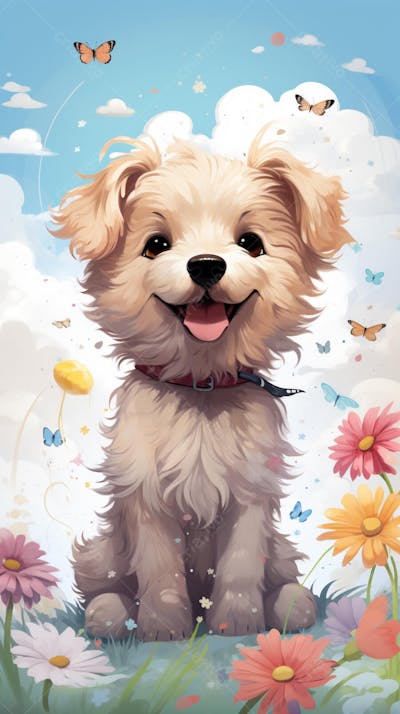 Wallpaper de Gato  e Cachorro Fofo com Arco-Íris e Corações - Ilustração Kawaii