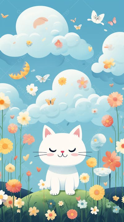 Wallpaper de Gato  e Cachorro Fofo com Arco-Íris e Corações - Ilustração Kawaii