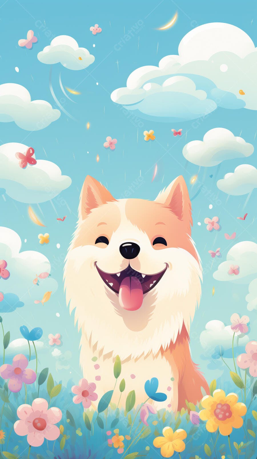Cachorro feliz em campo florido