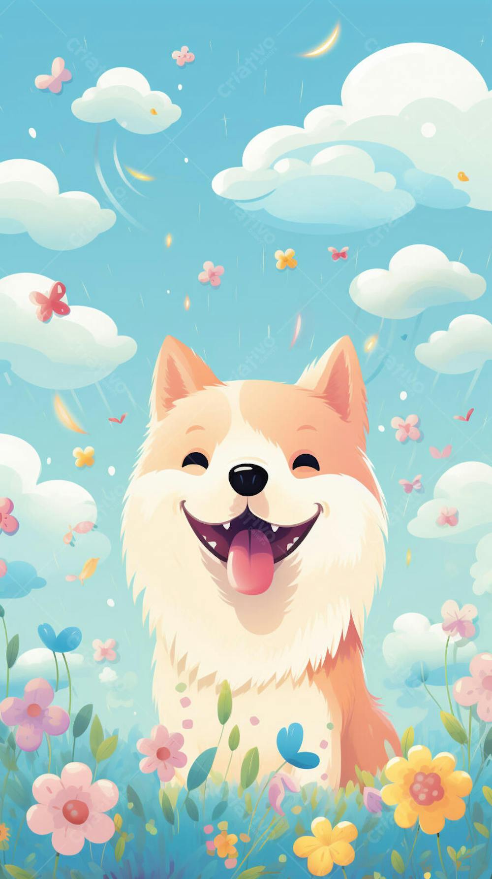 Wallpaper de Gato  e Cachorro Fofo com Arco-Íris e Corações - Ilustração Kawaii