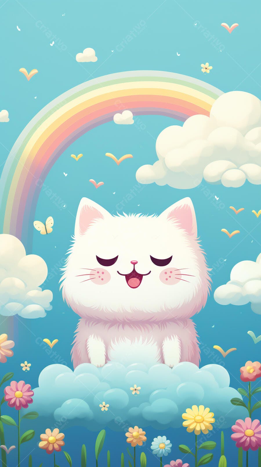 Gatinho branco feliz em um céu azul com arco-íris