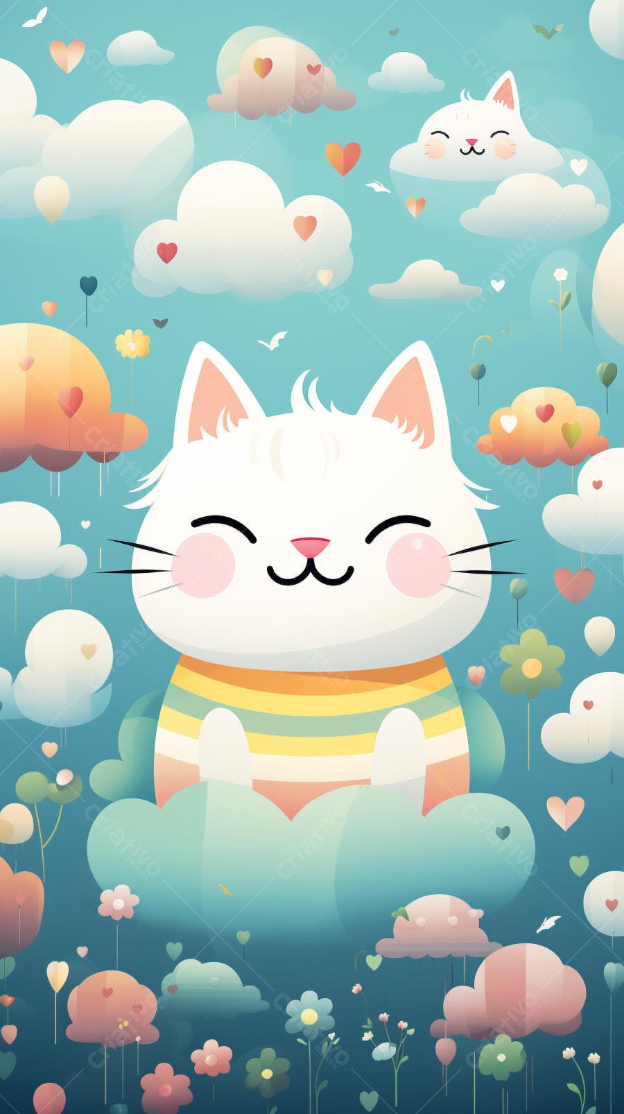 Gatinho feliz em cenário de nuvens coloridas