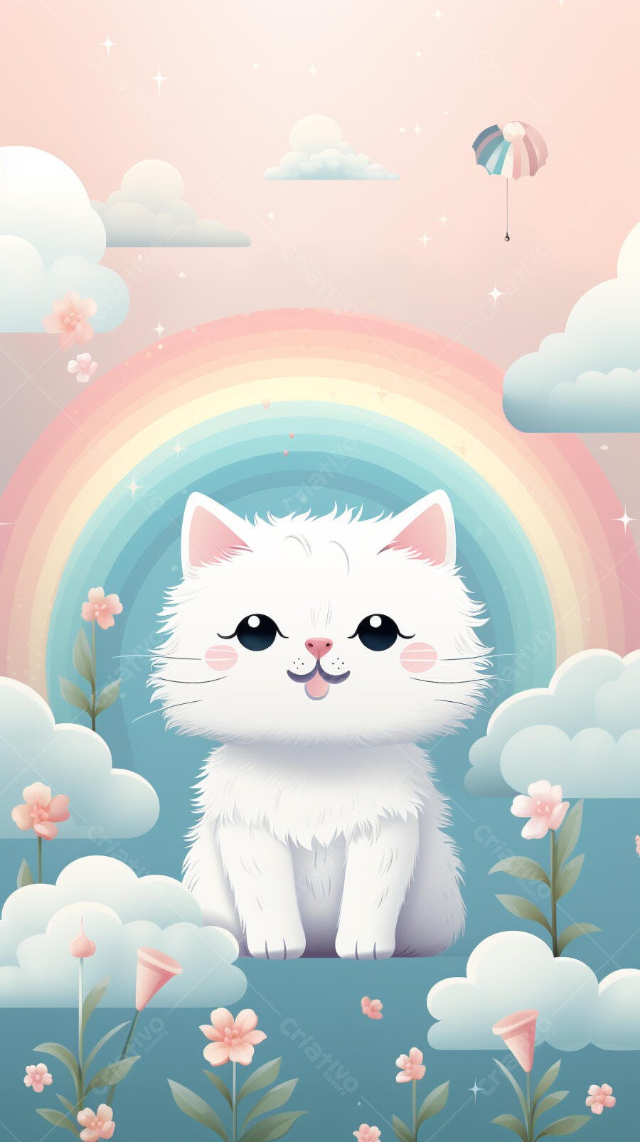 Gatinho branco em cenário pastel com arco-íris
