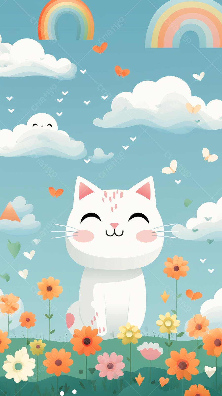 Gato branco feliz em jardim florido