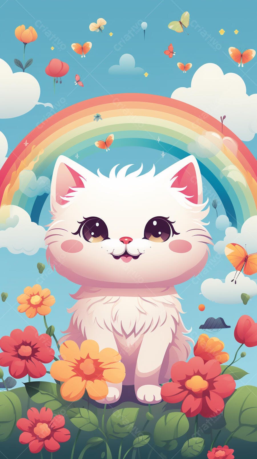Gatinho branco em jardim com arco-íris