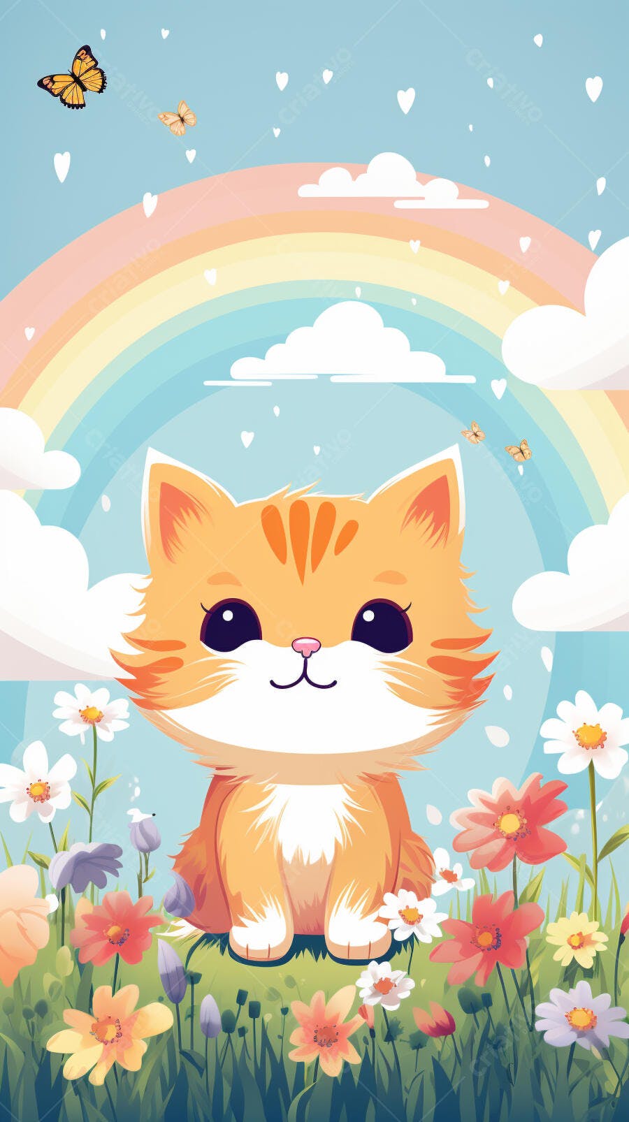 Gatinho Laranja em Jardim Florido Arco-íris