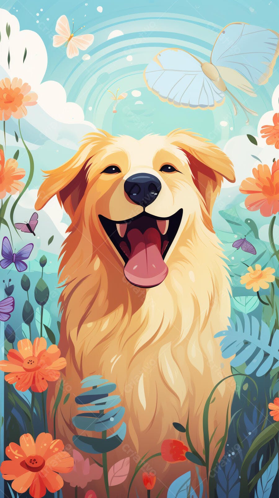 Cachorro Dourado Feliz em Jardim Florido